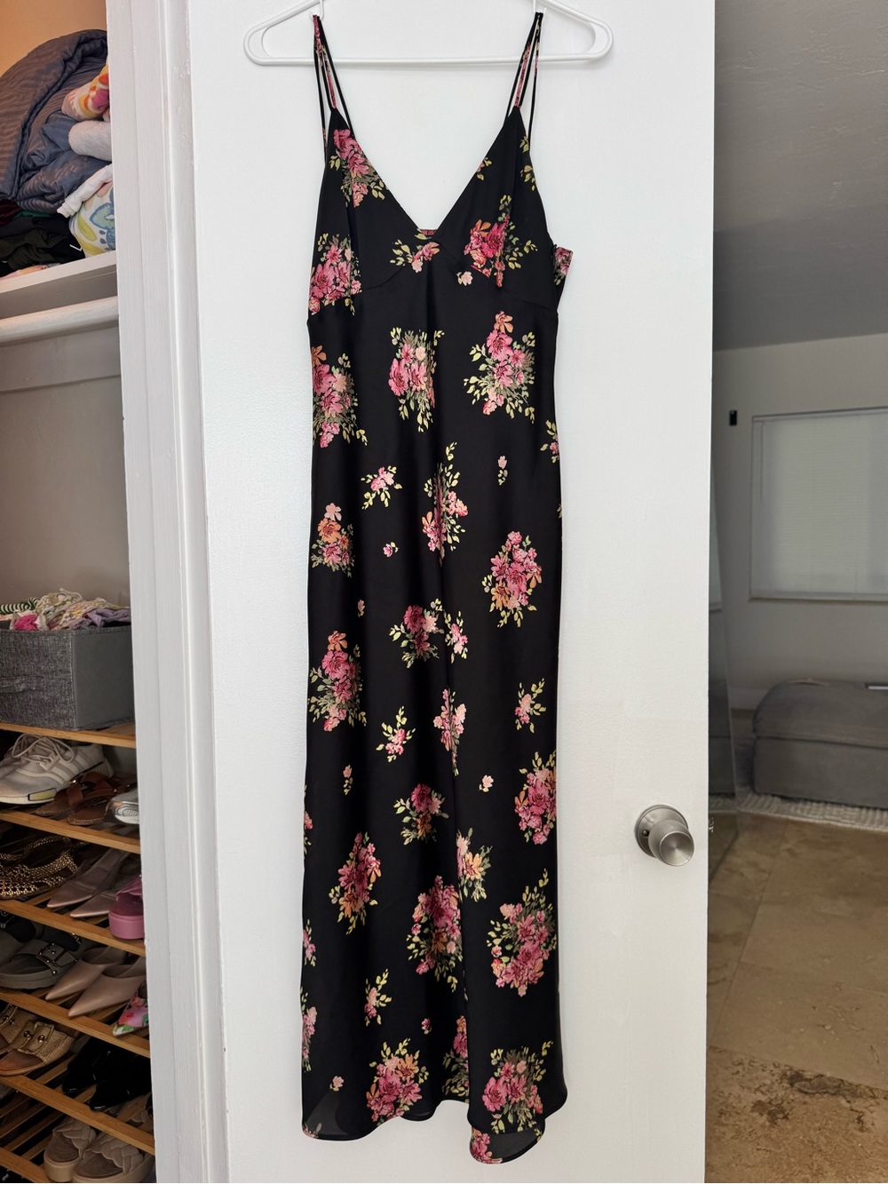 Zara Black Slip Dress with Pink and Green Floral Print